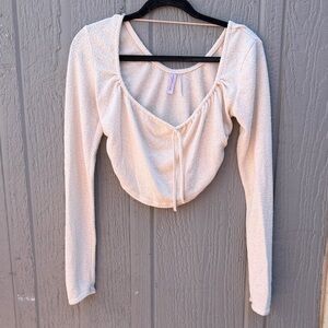 Urban Outfitters Cream Long-Sleeve Cropped Tie-Front Top Size: M